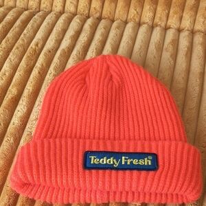 Teddy Fresh Kids Neon Coral Ribbed Beanie with Logo Patch